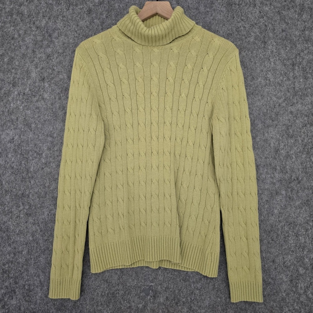 Eddie Bauer Sweater Womens M‎ Tall Green Cable Knit Turtleneck Pullover Angora